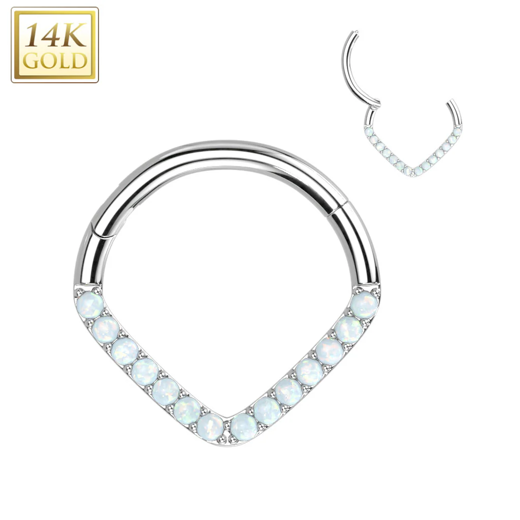 14K Solid Gold Paved Chevron Hinged Hoop Ring Nose Septum Daith - Image 4