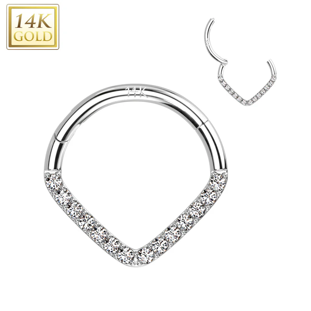 14K Solid Gold Paved Chevron Hinged Hoop Ring Nose Septum Daith - Image 5