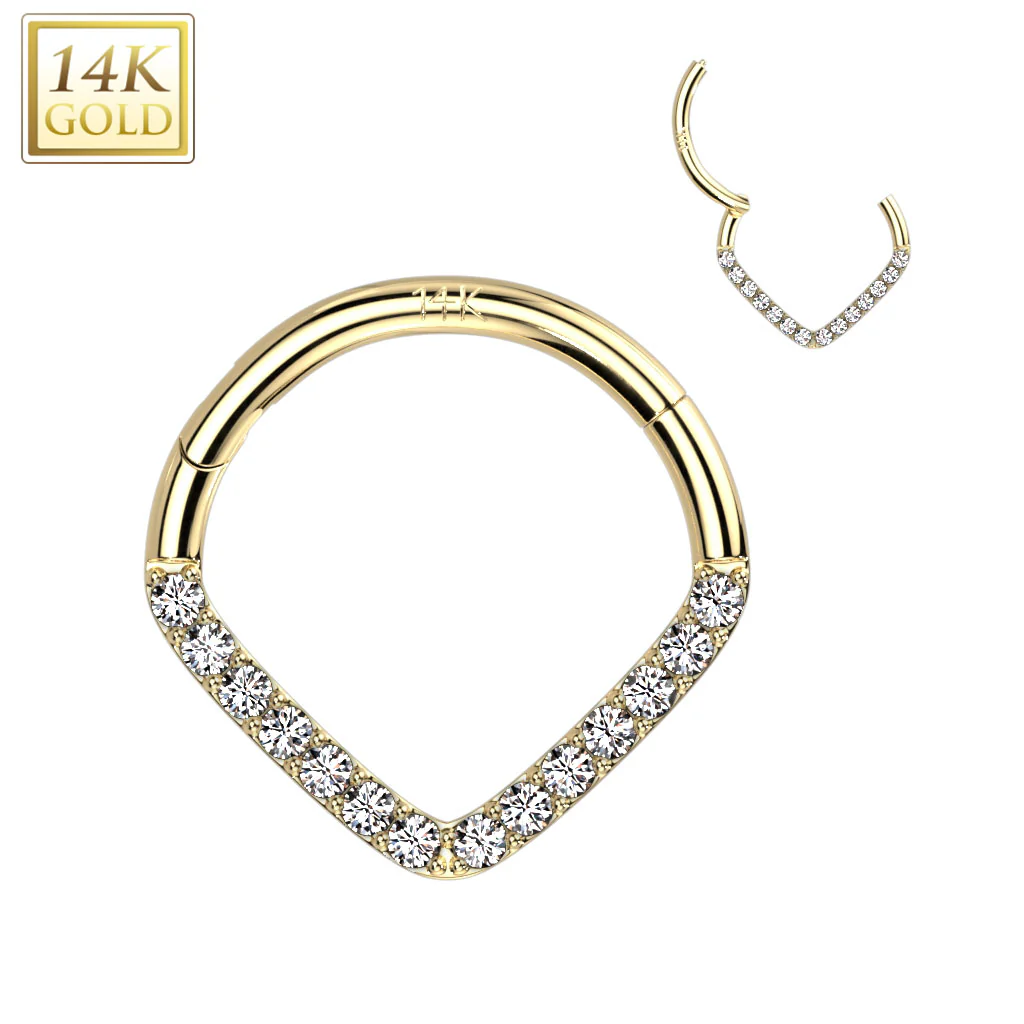 14K Solid Gold Paved Chevron Hinged Hoop Ring Nose Septum Daith - Image 6