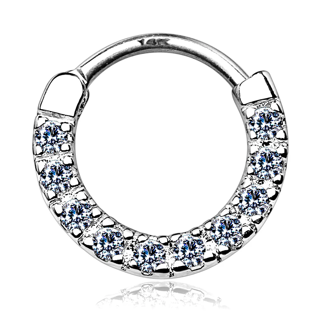 14K Solid Gold Paved CZ Nose Ring Septum Clicker Daith - Image 3