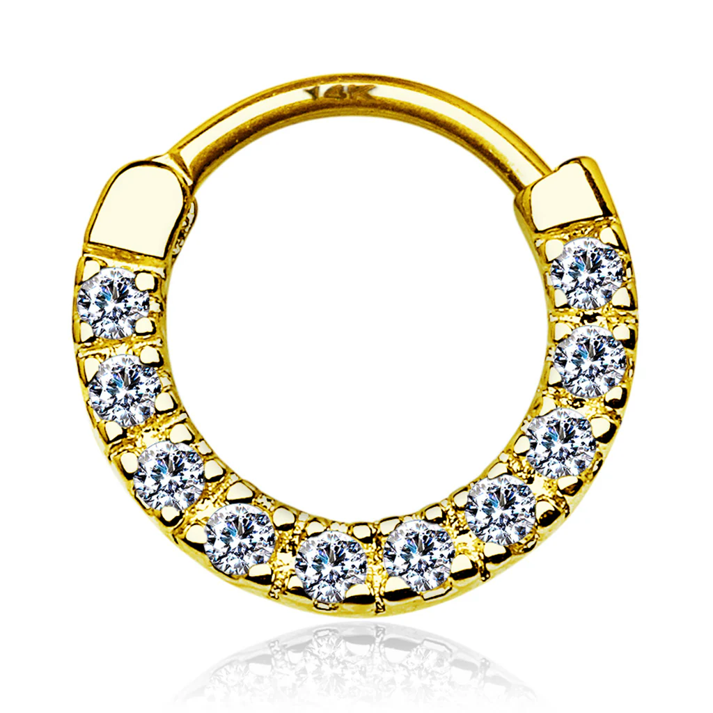 14K Solid Gold Paved CZ Nose Ring Septum Clicker Daith - Image 4