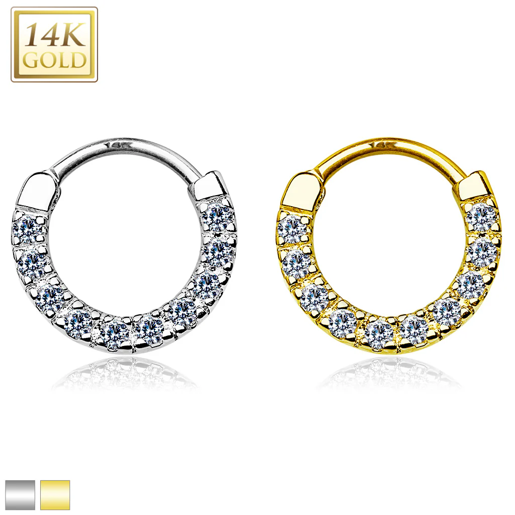 14K Solid Gold Paved CZ Nose Ring Septum Clicker Daith - Image 5