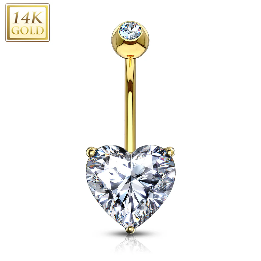 14K Solid Gold Prong Heart CZ Belly Button Navel Rings - Image 2