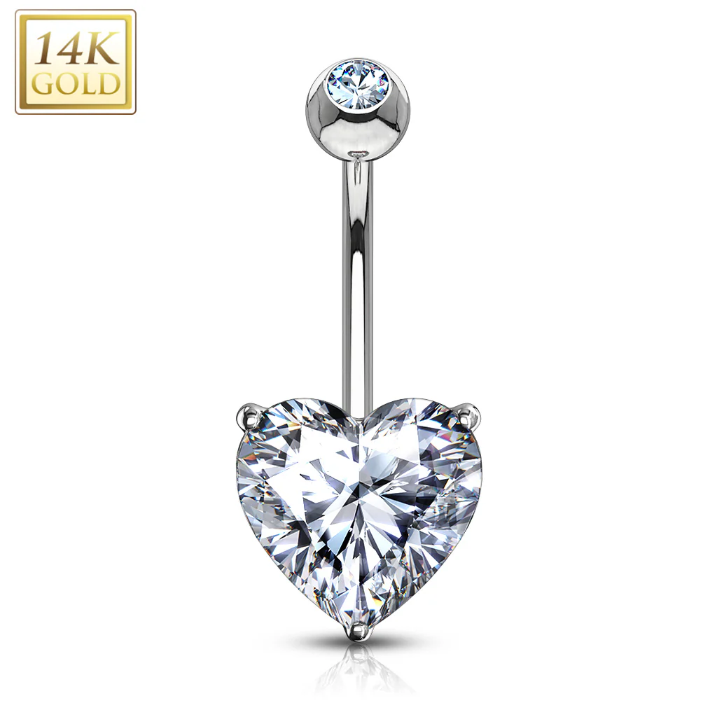 14K Solid Gold Prong Heart CZ Belly Button Navel Rings - Image 4