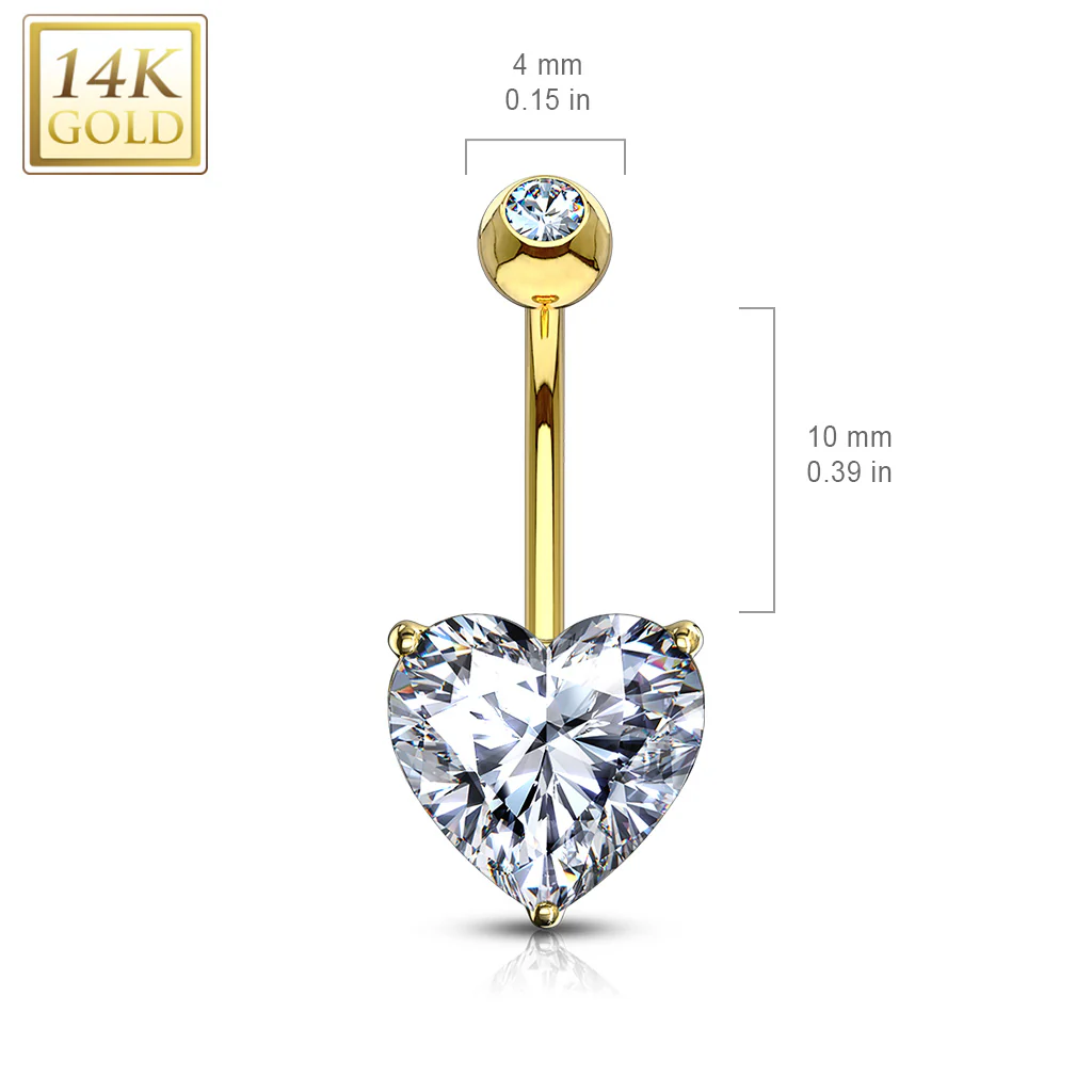 14K Solid Gold Prong Heart CZ Belly Button Navel Rings - Image 5