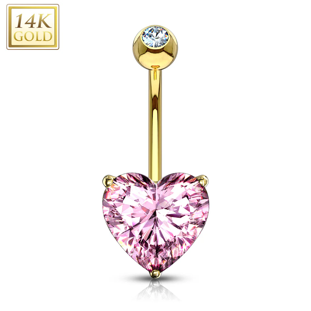 14K Solid Gold Prong Heart CZ Belly Button Navel Rings - Image 3