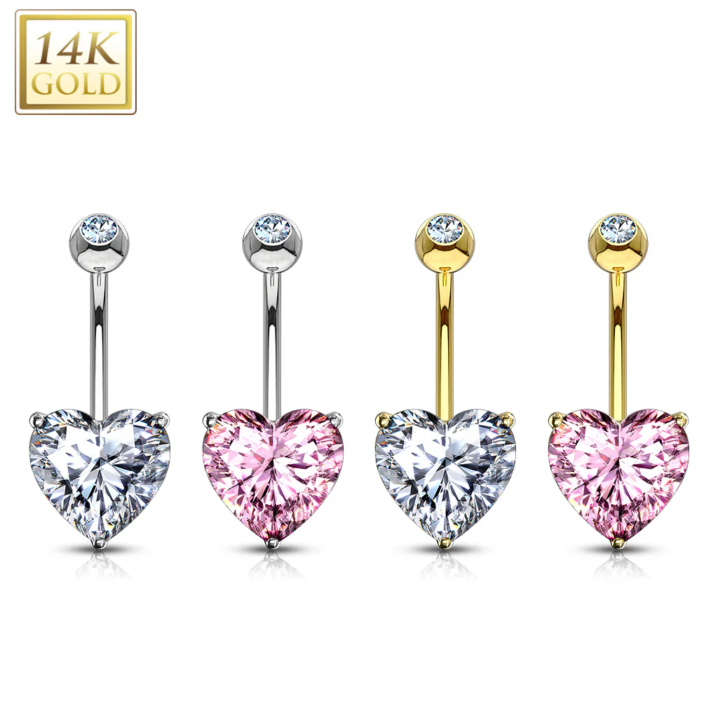 14K Solid Gold Prong Heart CZ Belly Button Navel Rings - Image 6