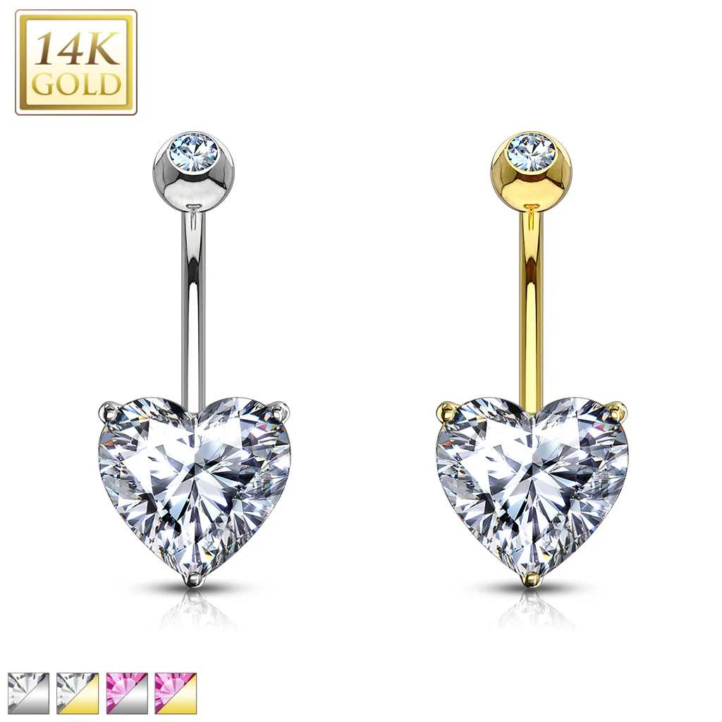 14K Solid Gold Prong Heart CZ Belly Button Navel Rings - Image 7