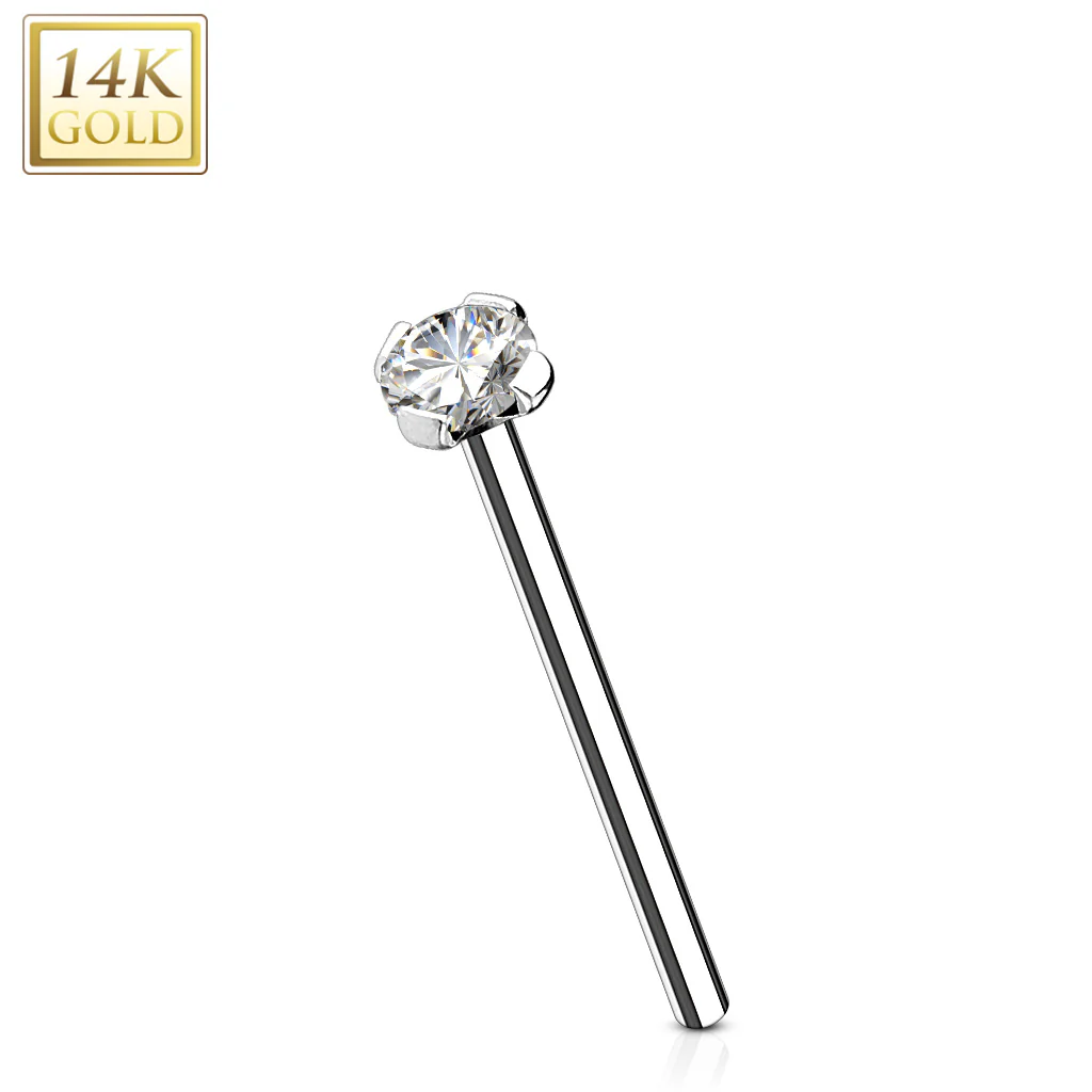 14K Solid Gold Prong CZ Fishtail Nose Pin Rings Stud 12mm - Image 2