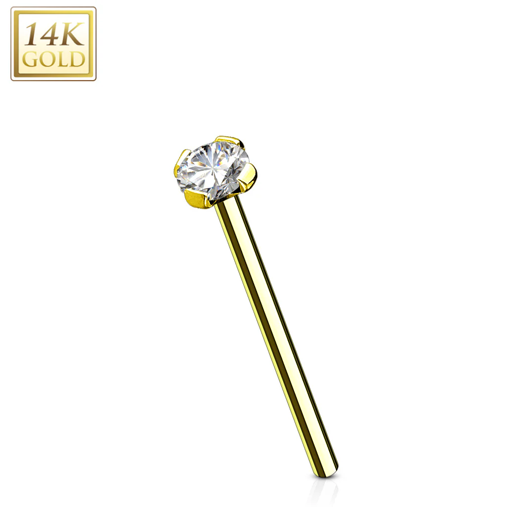14K Solid Gold Prong CZ Fishtail Nose Pin Rings Stud 12mm - Image 3