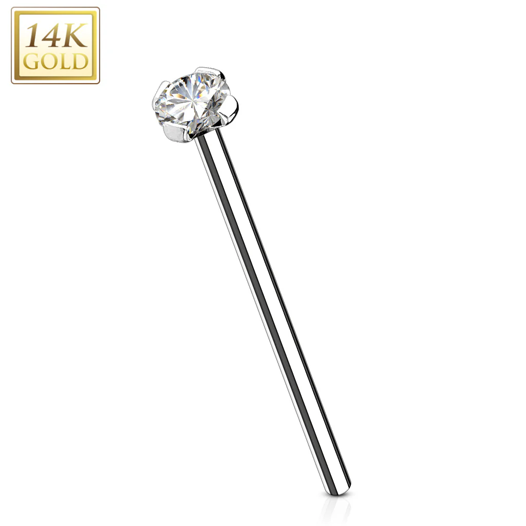 14K Solid Gold Prong CZ Fishtail Nose Pin Rings Stud 16mm - Image 2