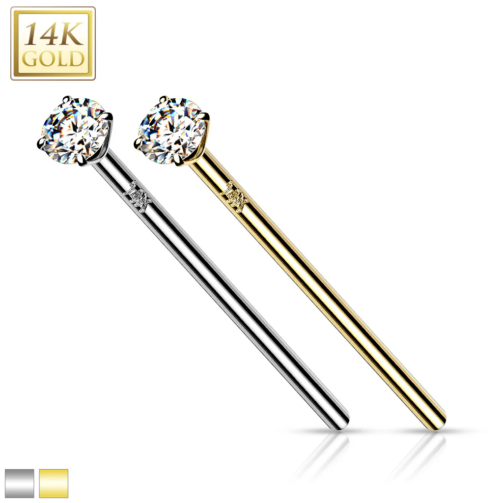 14K Solid Gold Prong CZ Fishtail Nose Pin Rings Stud - Image 5