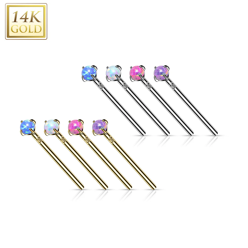 14K Solid Gold Prong Opal Fishtail Nose Pin Rings Stud - Image 10