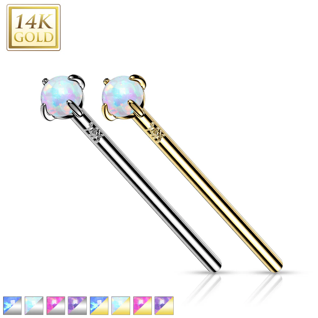 14K Solid Gold Prong Opal Fishtail Nose Pin Rings Stud - Image 11