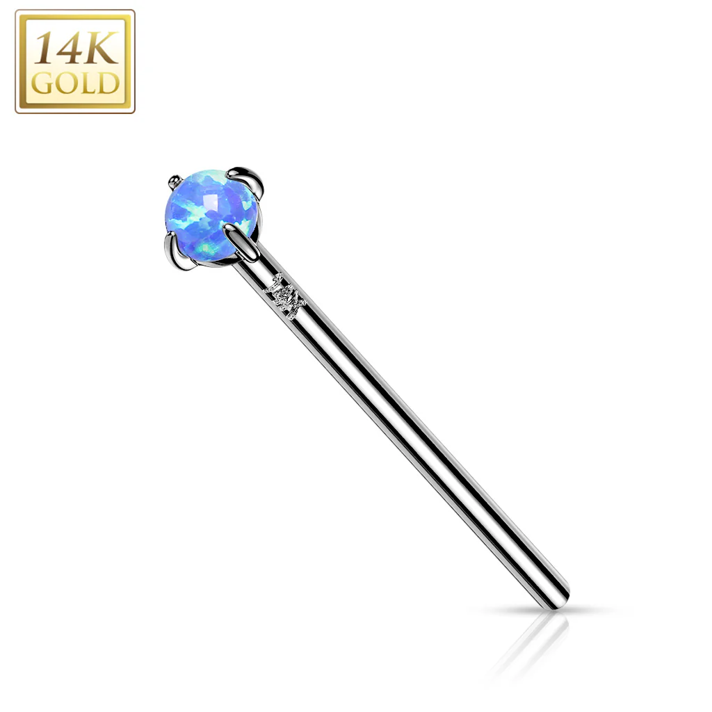 14K Solid Gold Prong Opal Fishtail Nose Pin Rings Stud - Image 2