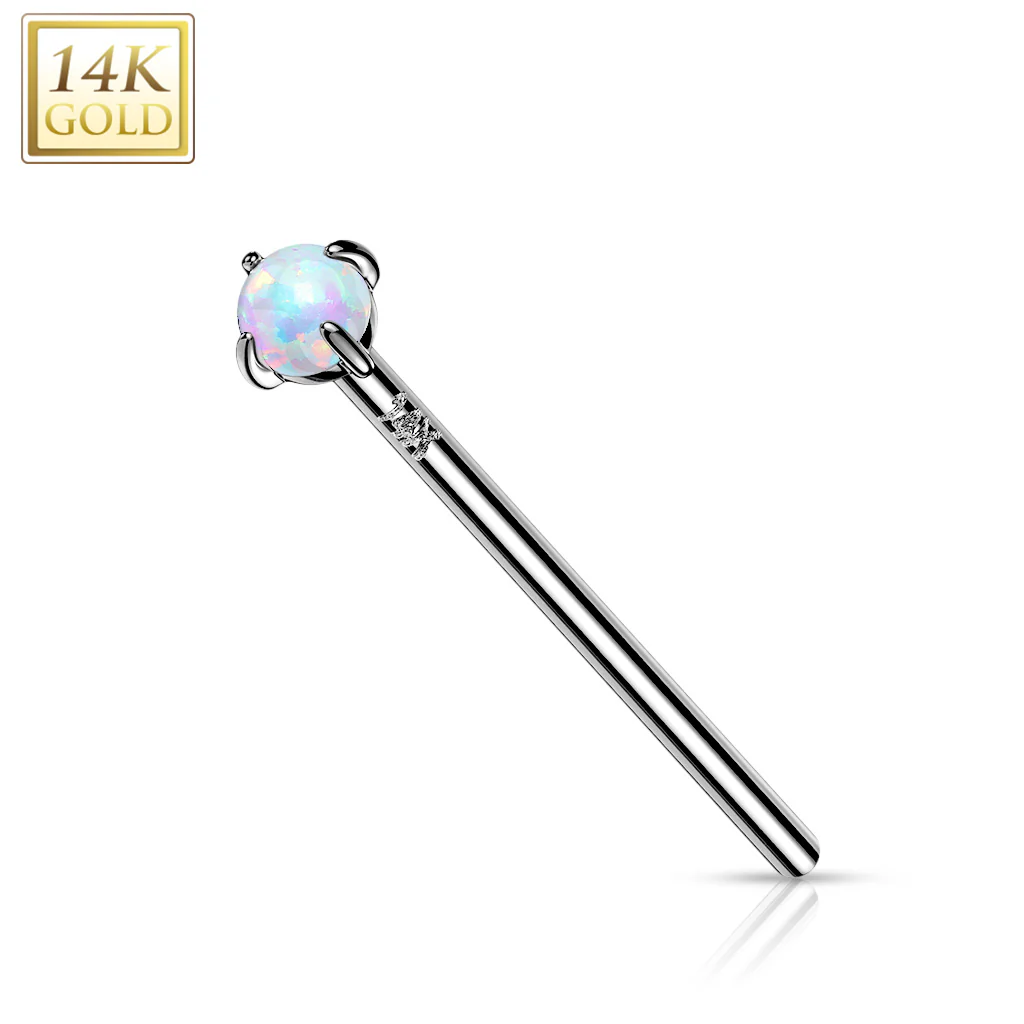 14K Solid Gold Prong Opal Fishtail Nose Pin Rings Stud - Image 3