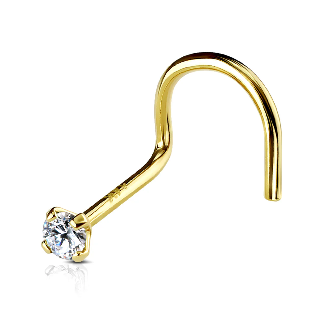 14K Solid Gold Prong Set 3mm CZ Top Nose Screw Ring - Image 3