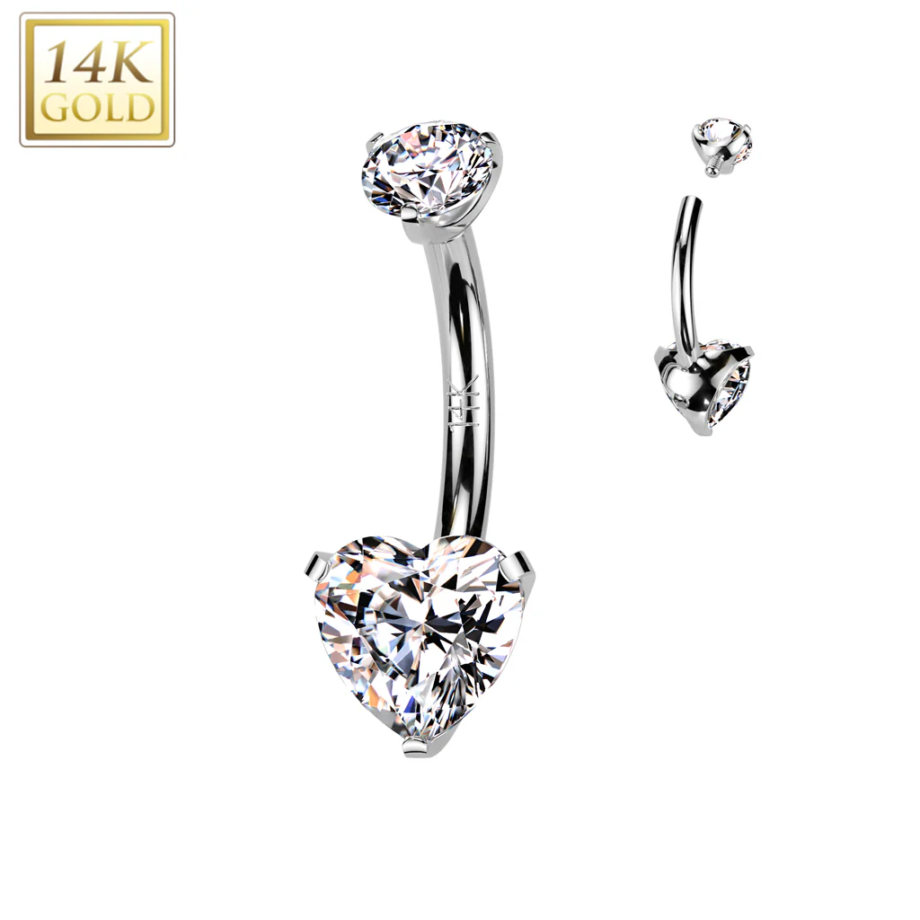 14K Solid Gold Heart Prong Set CZ Belly Button Navel Ring - Image 2