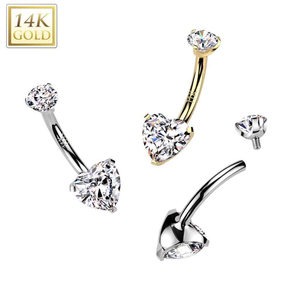 14K Solid Gold Heart Prong Set CZ Belly Button Navel Ring - Image 3