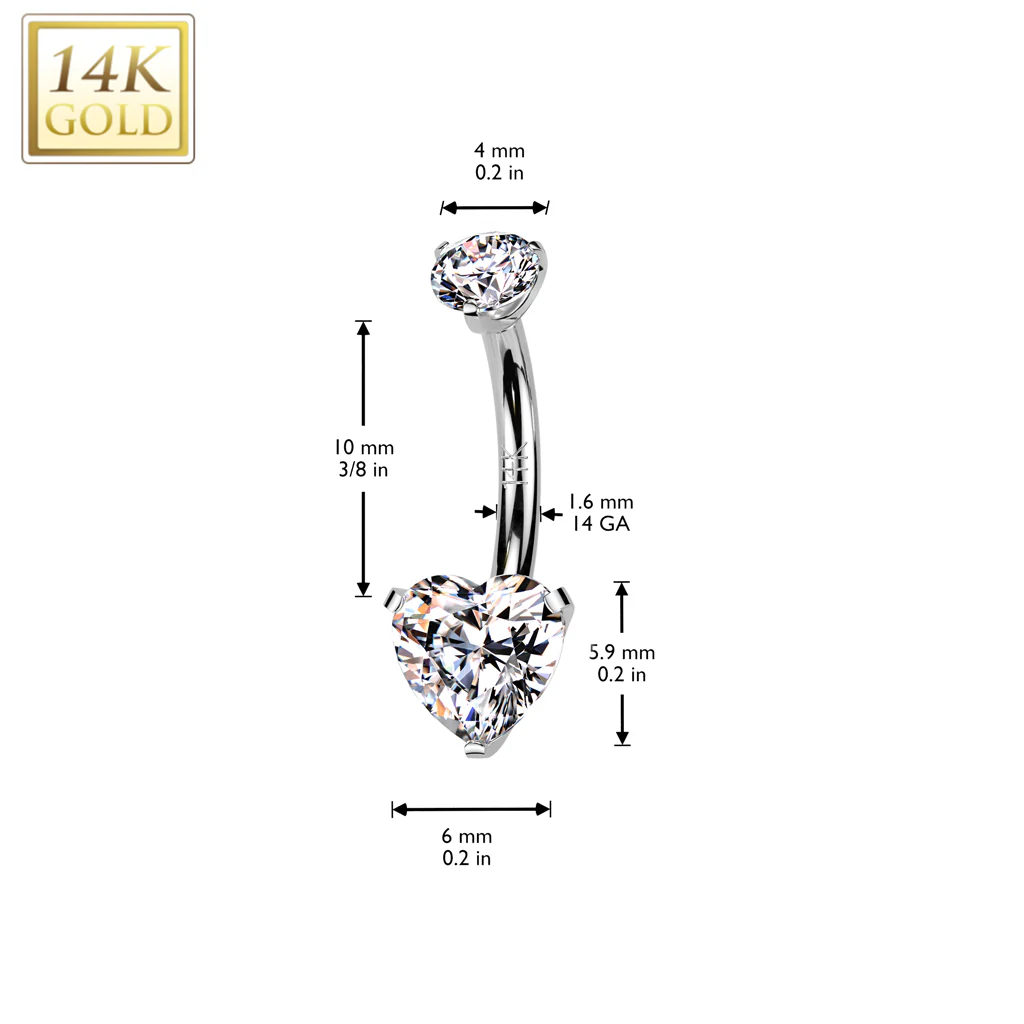 14K Solid Gold Heart Prong Set CZ Belly Button Navel Ring - Image 4