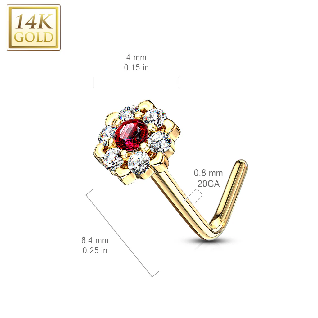 14K Solid Gold CZ Six Point Flower L Bend Nose Ring - Image 3