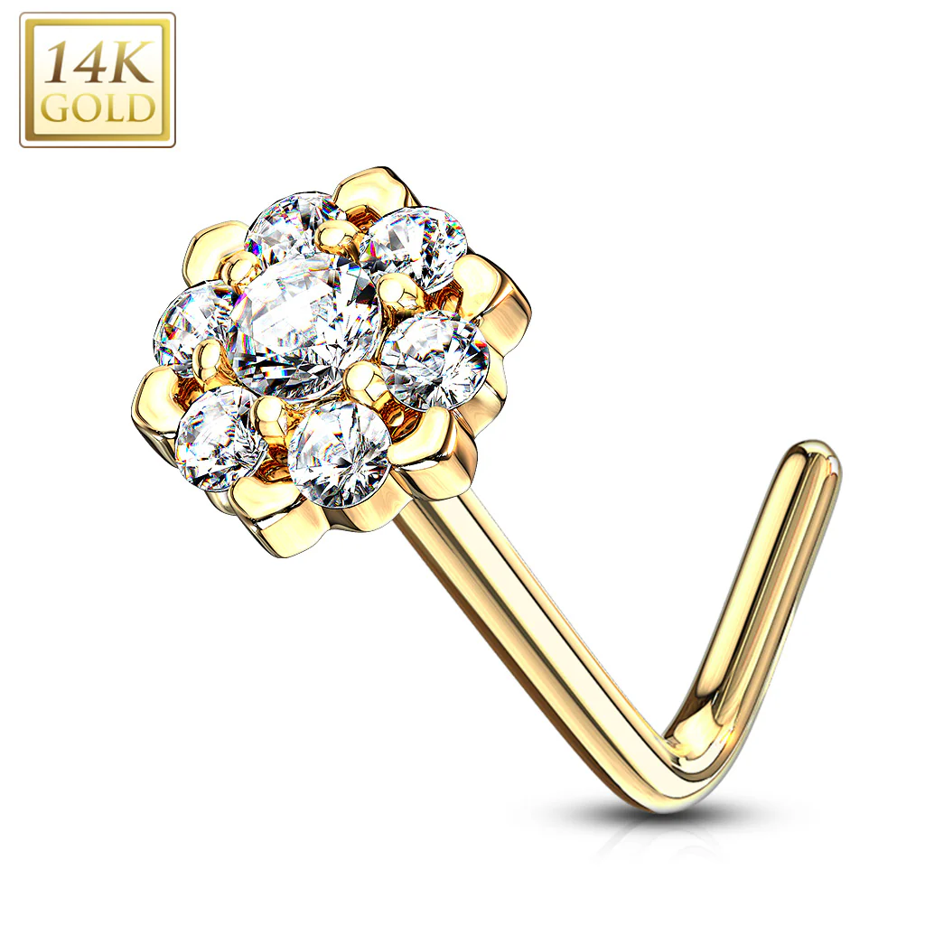 14K Solid Gold CZ Six Point Flower L Bend Nose Ring - Image 8