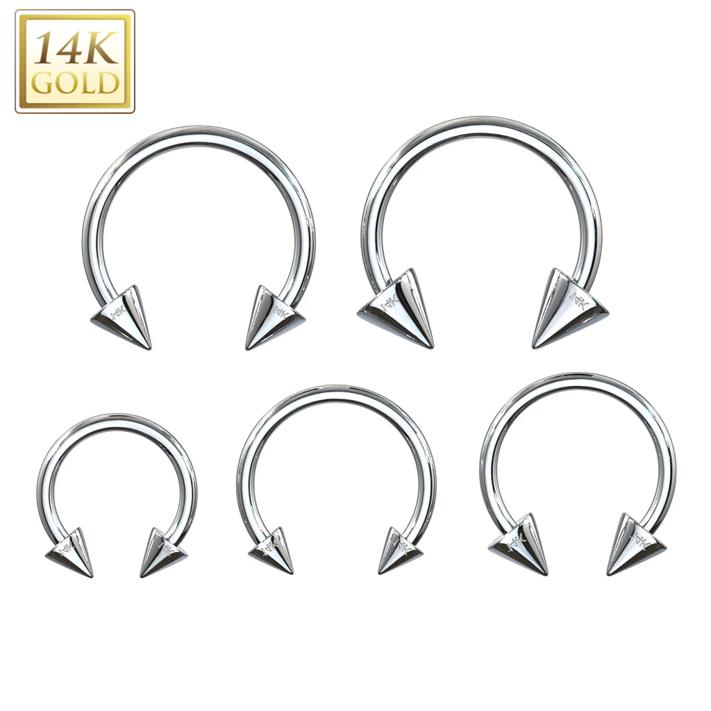 14K Solid Gold Spike End Horseshoe Circular Barbell - Image 3