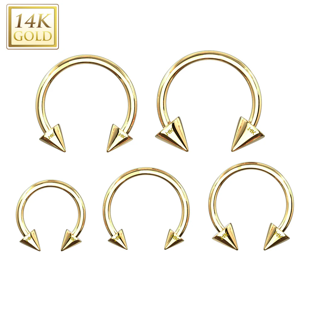 14K Solid Gold Spike End Horseshoe Circular Barbell - Image 4
