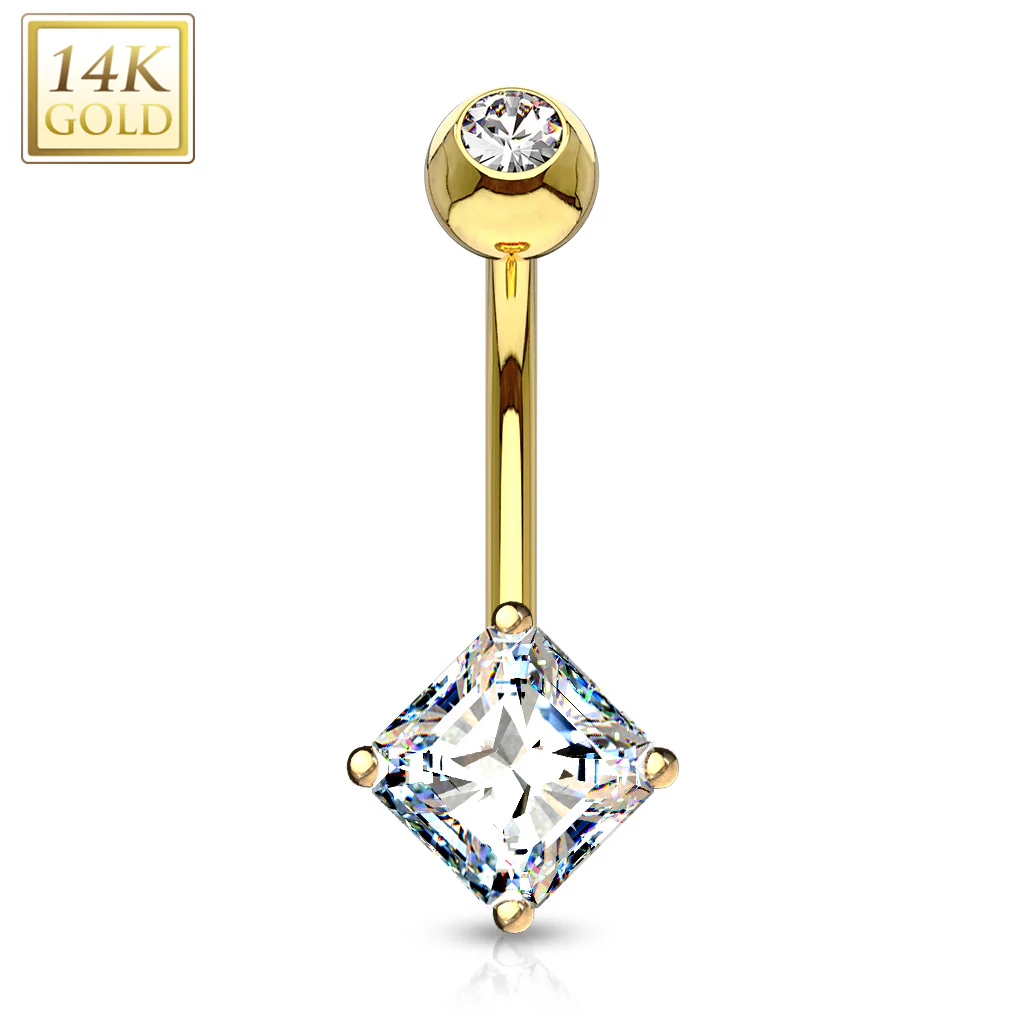 14K Solid Gold Square Princess Cut CZ Belly Button Navel Ring