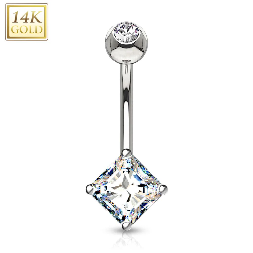 14K Solid Gold Square Princess Cut CZ Belly Button Navel Ring - Image 2