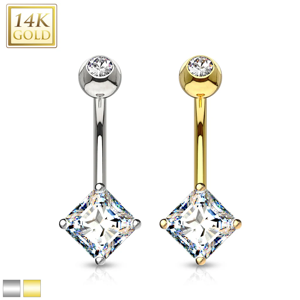 14K Solid Gold Square Princess Cut CZ Belly Button Navel Ring - Image 3