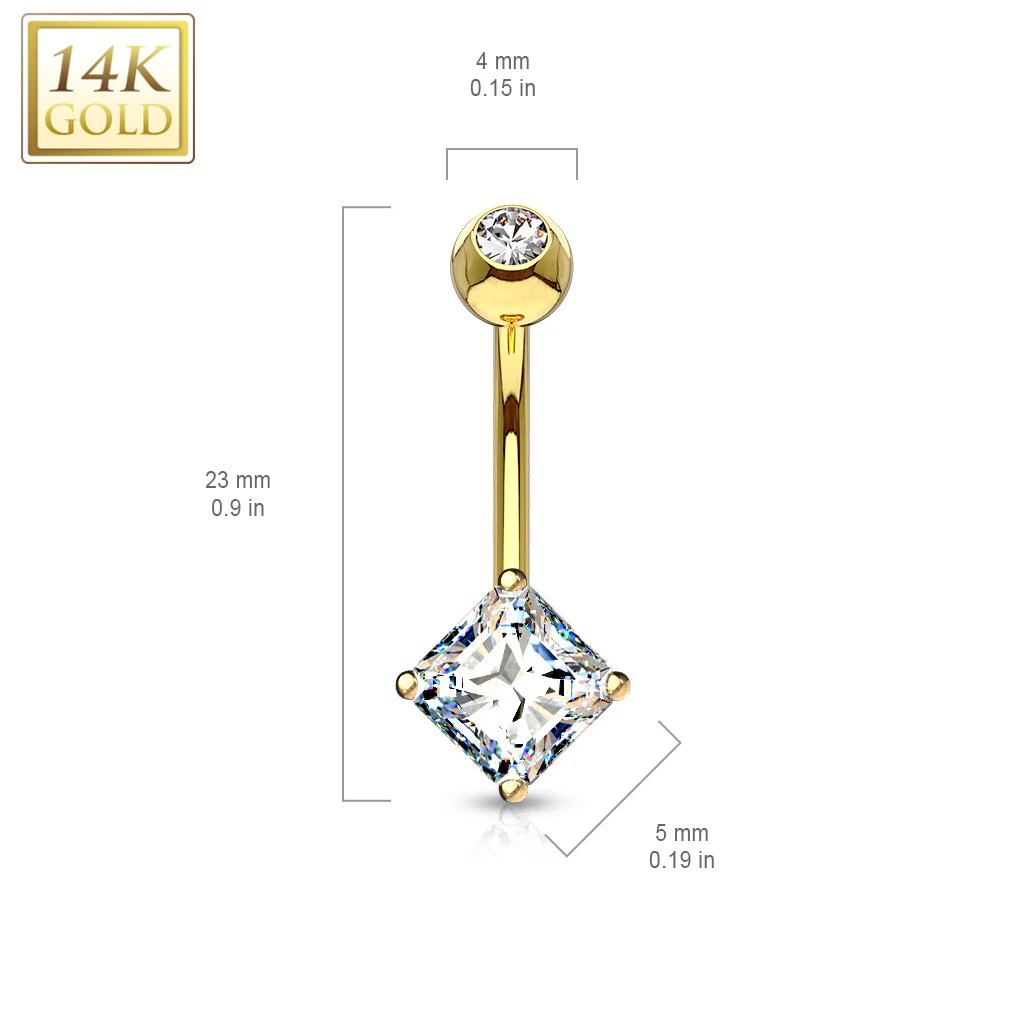 14K Solid Gold Square Princess Cut CZ Belly Button Navel Ring - Image 4