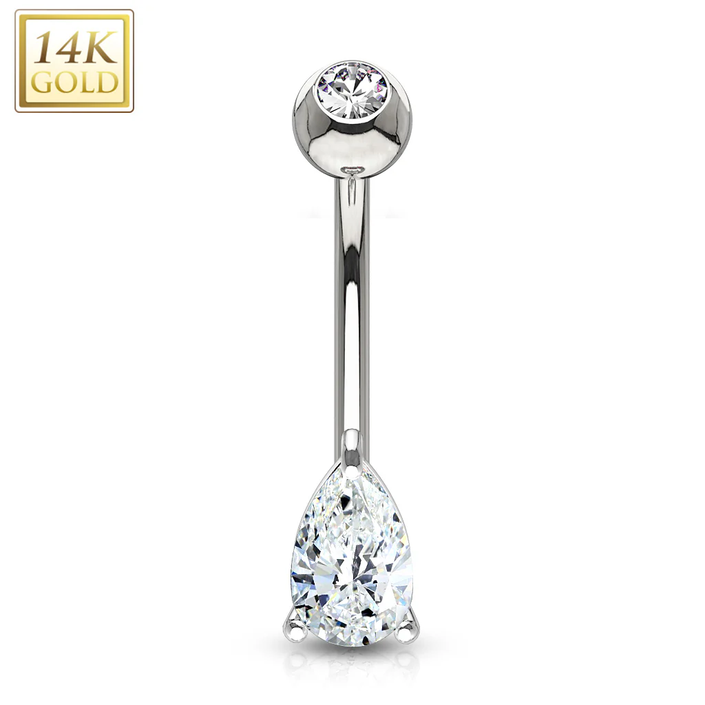 14K Solid Gold Tear Drop Prong CZ Belly Button Navel Ring - Image 2