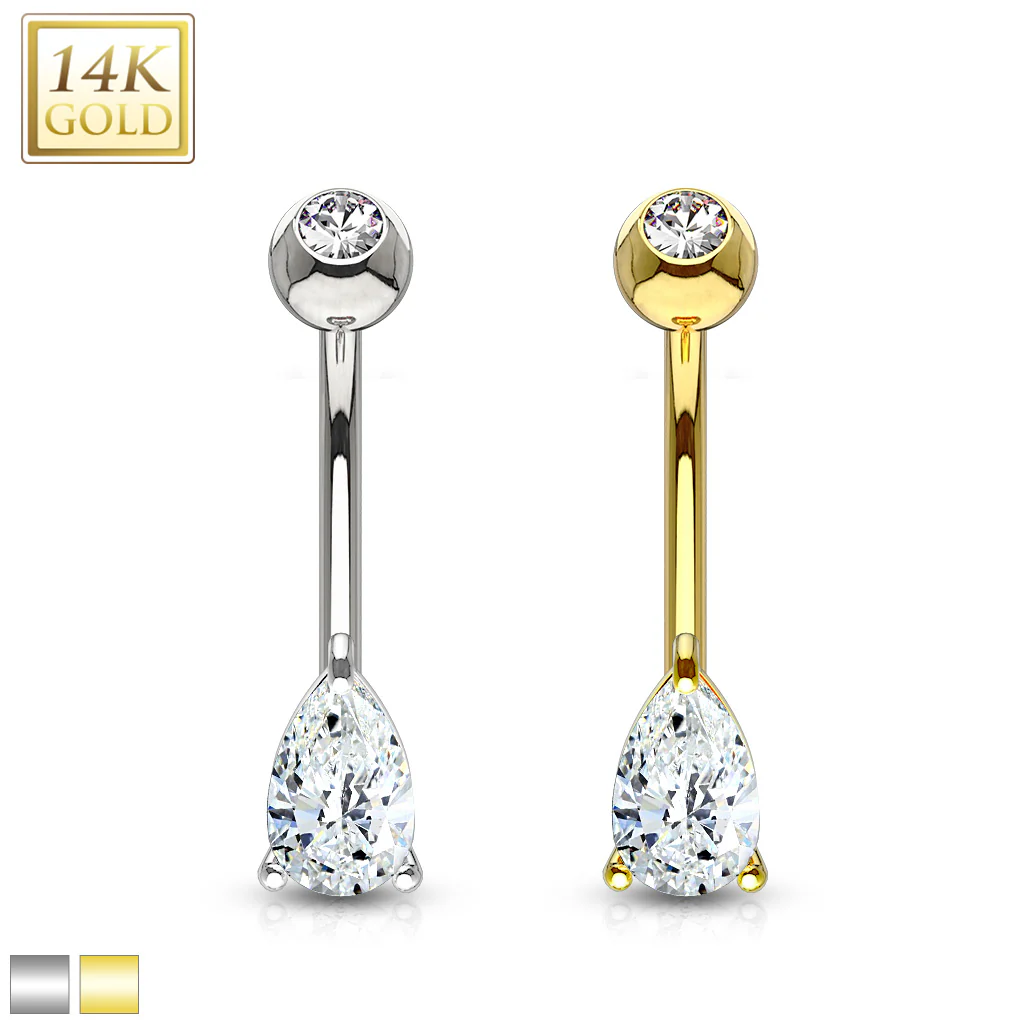 14K Solid Gold Tear Drop Prong CZ Belly Button Navel Ring - Image 3