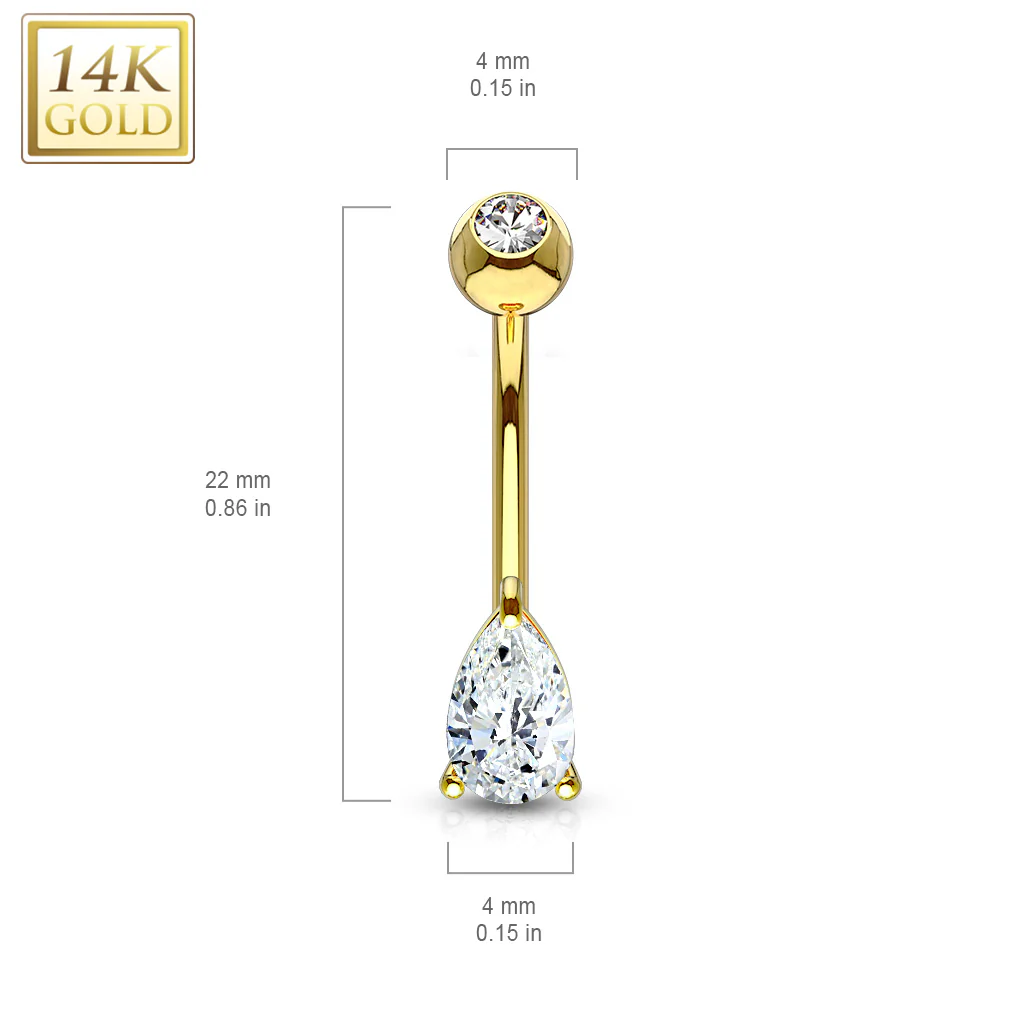 14K Solid Gold Tear Drop Prong CZ Belly Button Navel Ring - Image 4