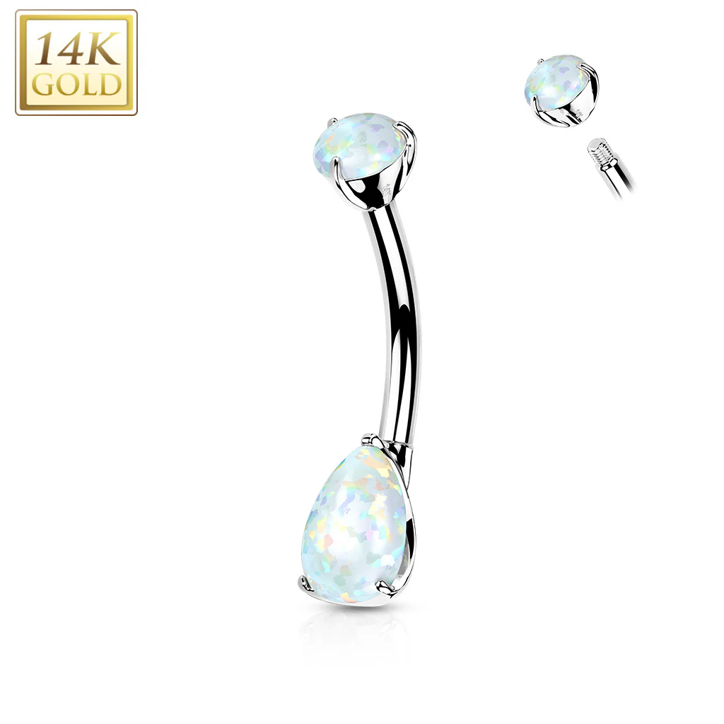 14K Solid Gold Teardrop Opal or CZ Belly Button Navel Rings - Image 3