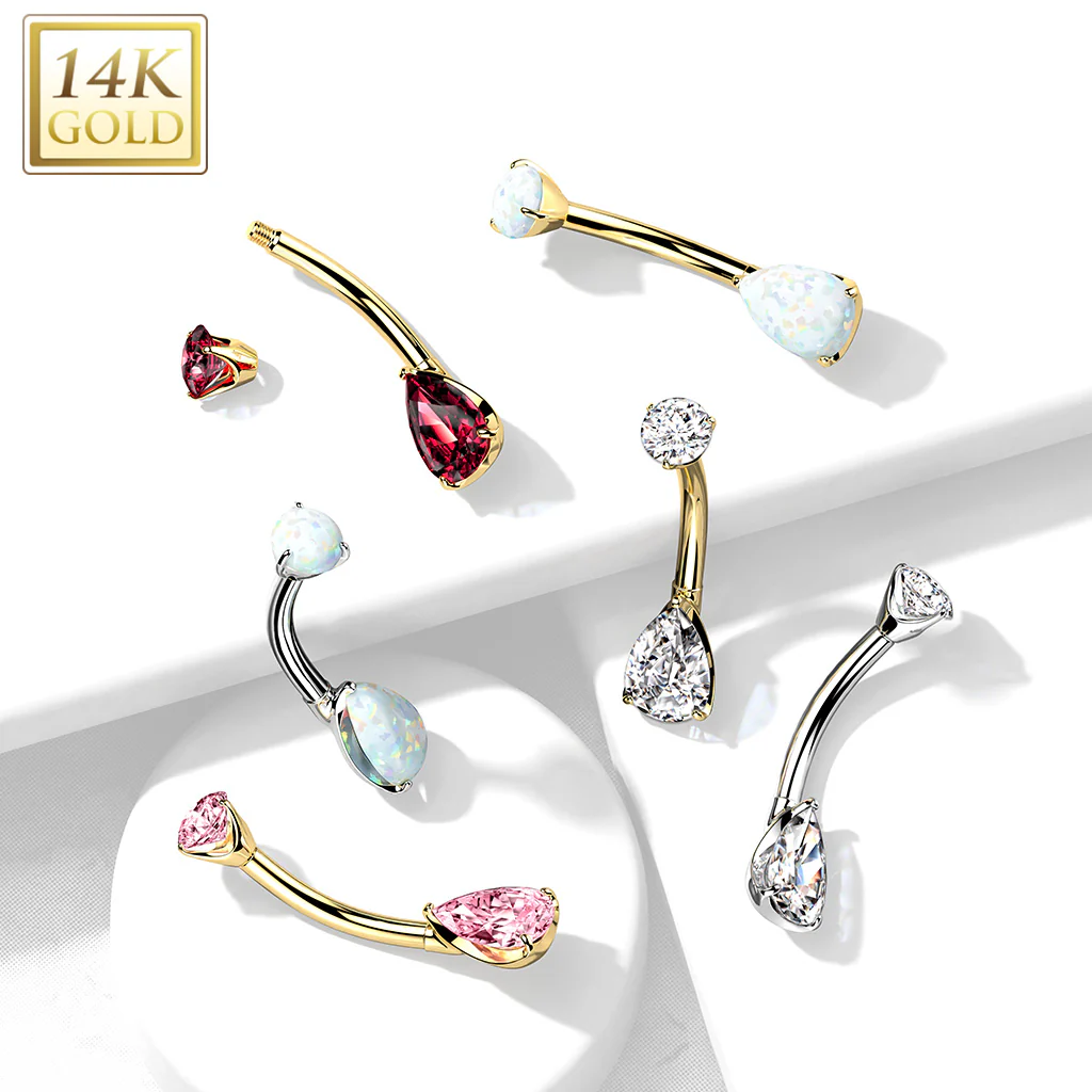 14K Solid Gold Teardrop Opal or CZ Belly Button Navel Rings - Image 8