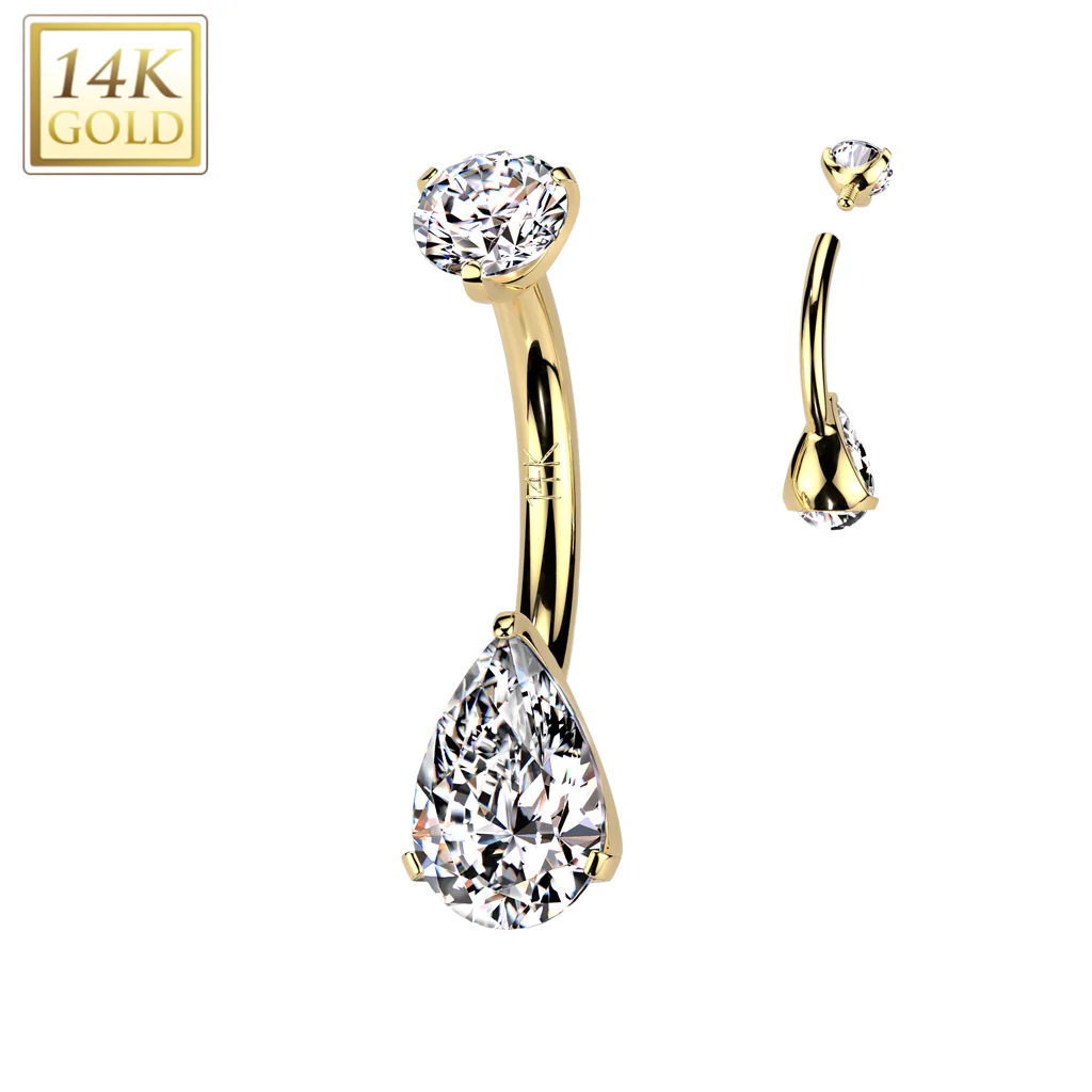 14K Solid Gold Teardrop Prong Set CZ Belly Button Navel Ring - Image 2
