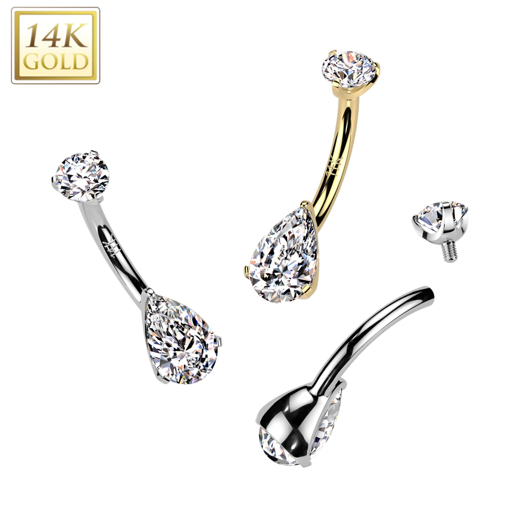 14K Solid Gold Teardrop Prong Set CZ Belly Button Navel Ring - Image 3