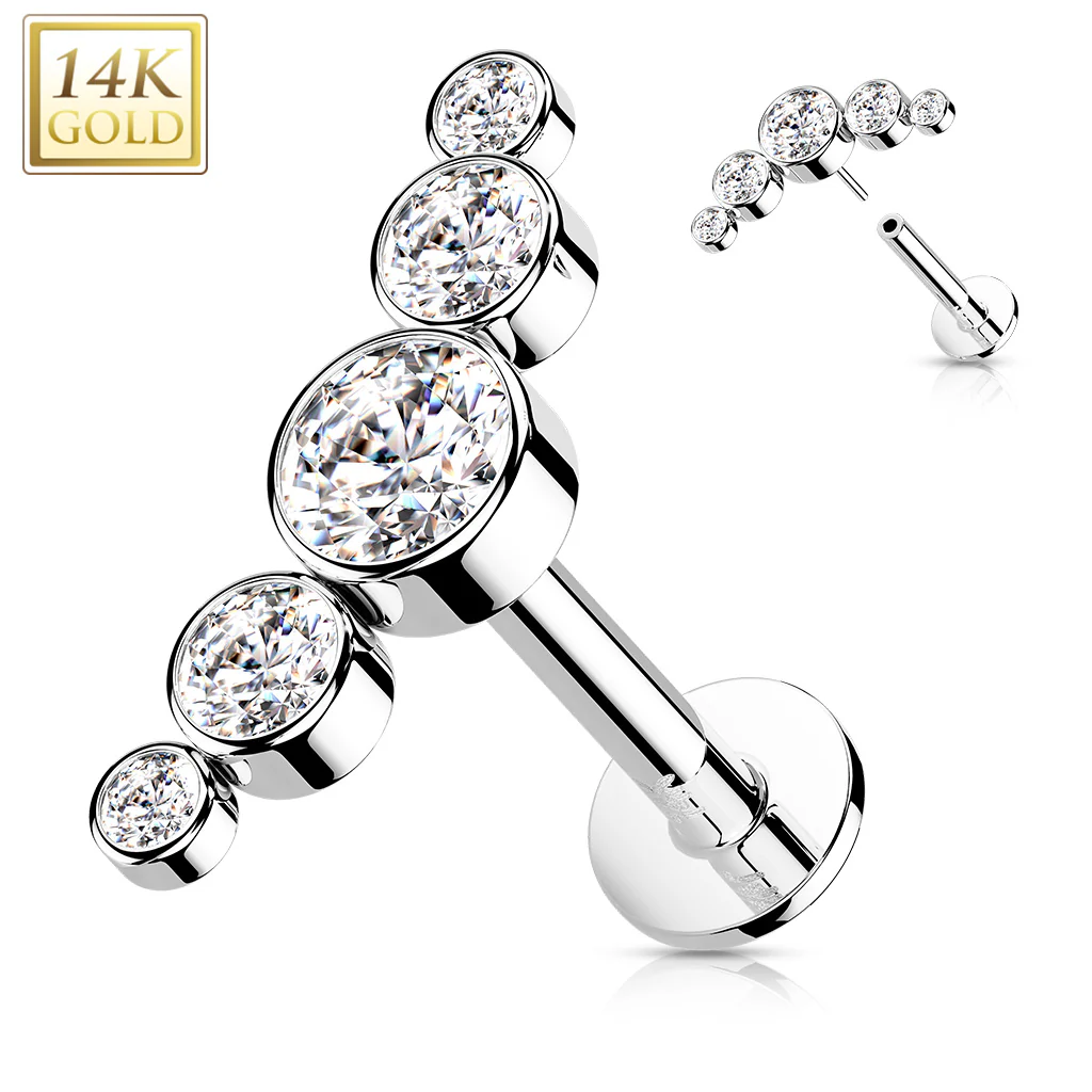 14K Solid Gold Threadless CZ Curve Bezel Top Labret Flat back Stud - Image 3