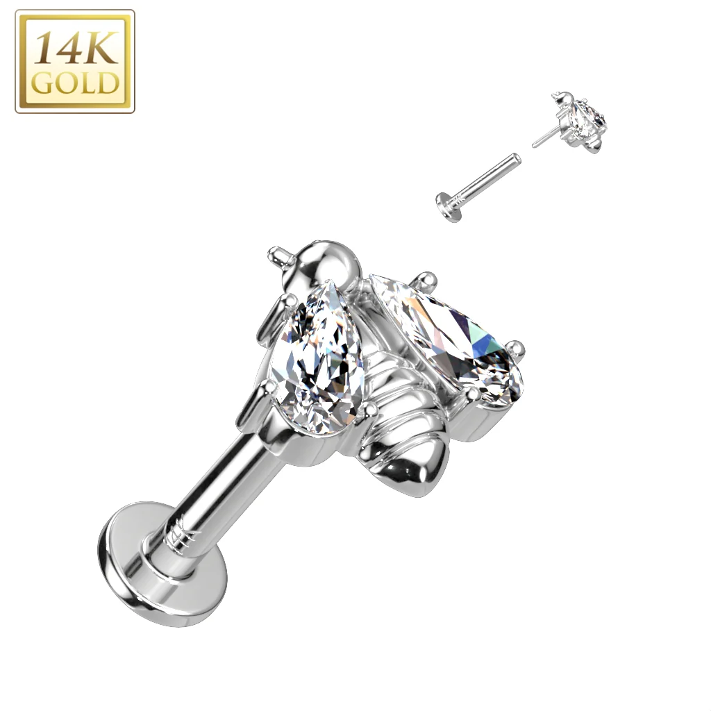 14K Solid Gold Threadless Labret With Bee CZ Top - Image 2