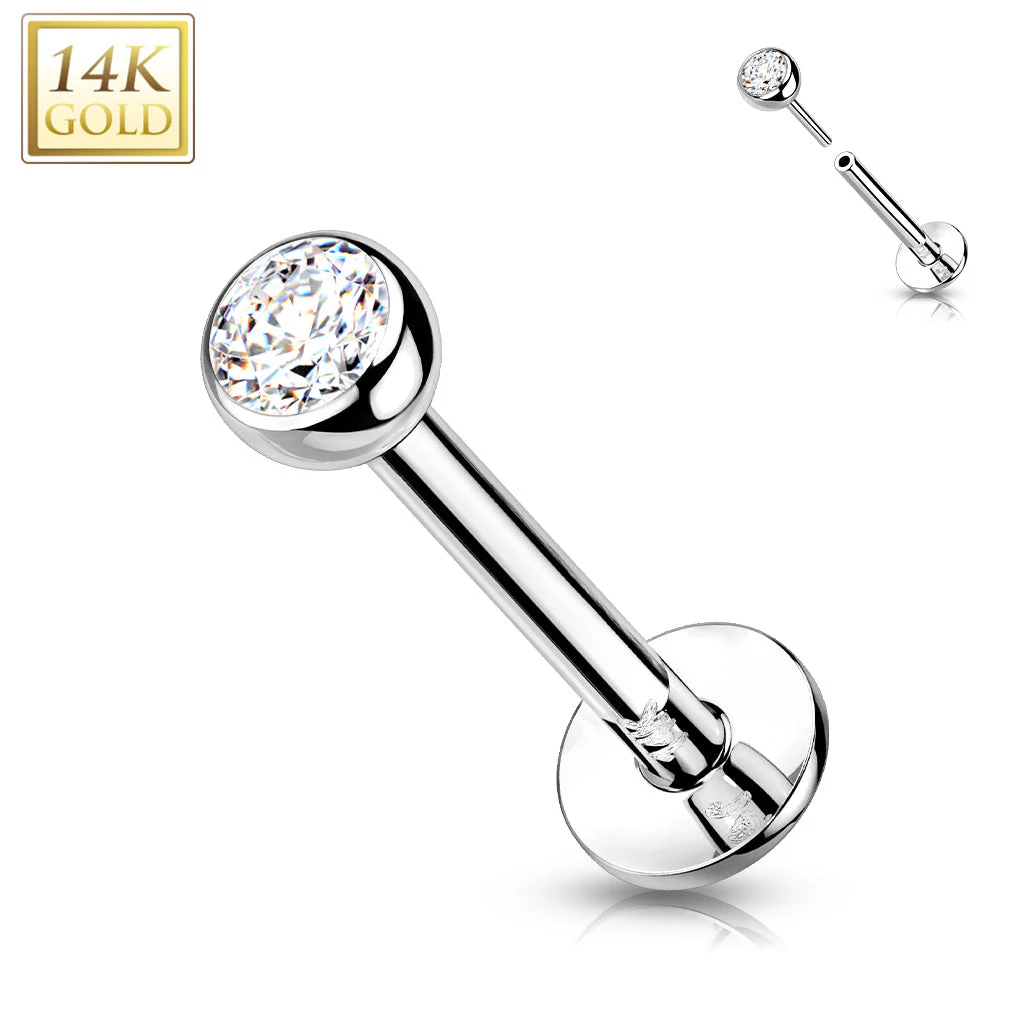 14K Solid Gold Threadless Labret With Bezel CZ Top 16G - Image 3