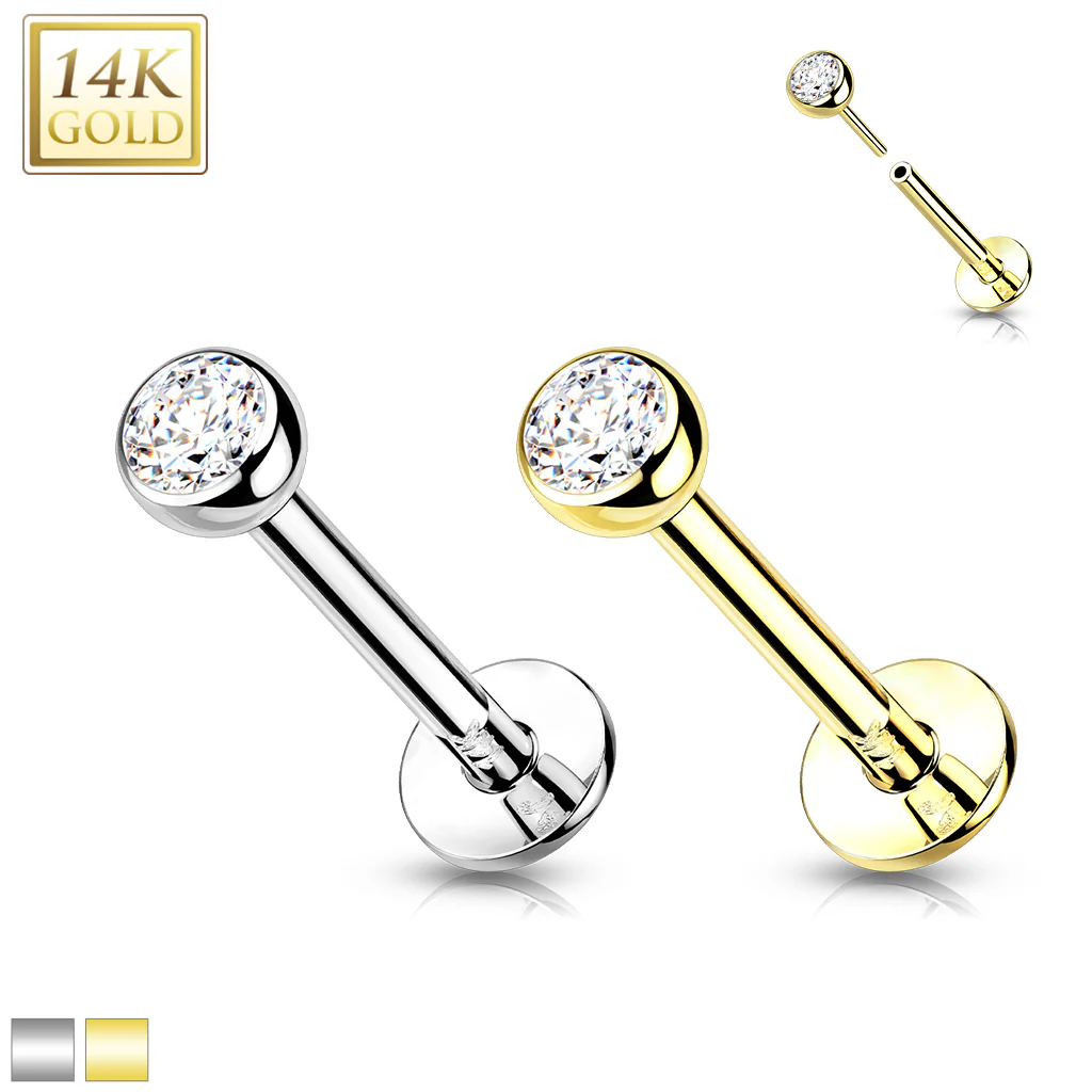 14K Solid Gold Threadless Labret With Bezel CZ Top 18G - Image 5