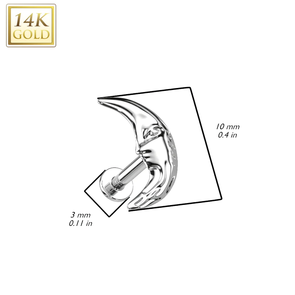 14K Solid Gold Threadless Labret With Crescent Moon Top - Image 2