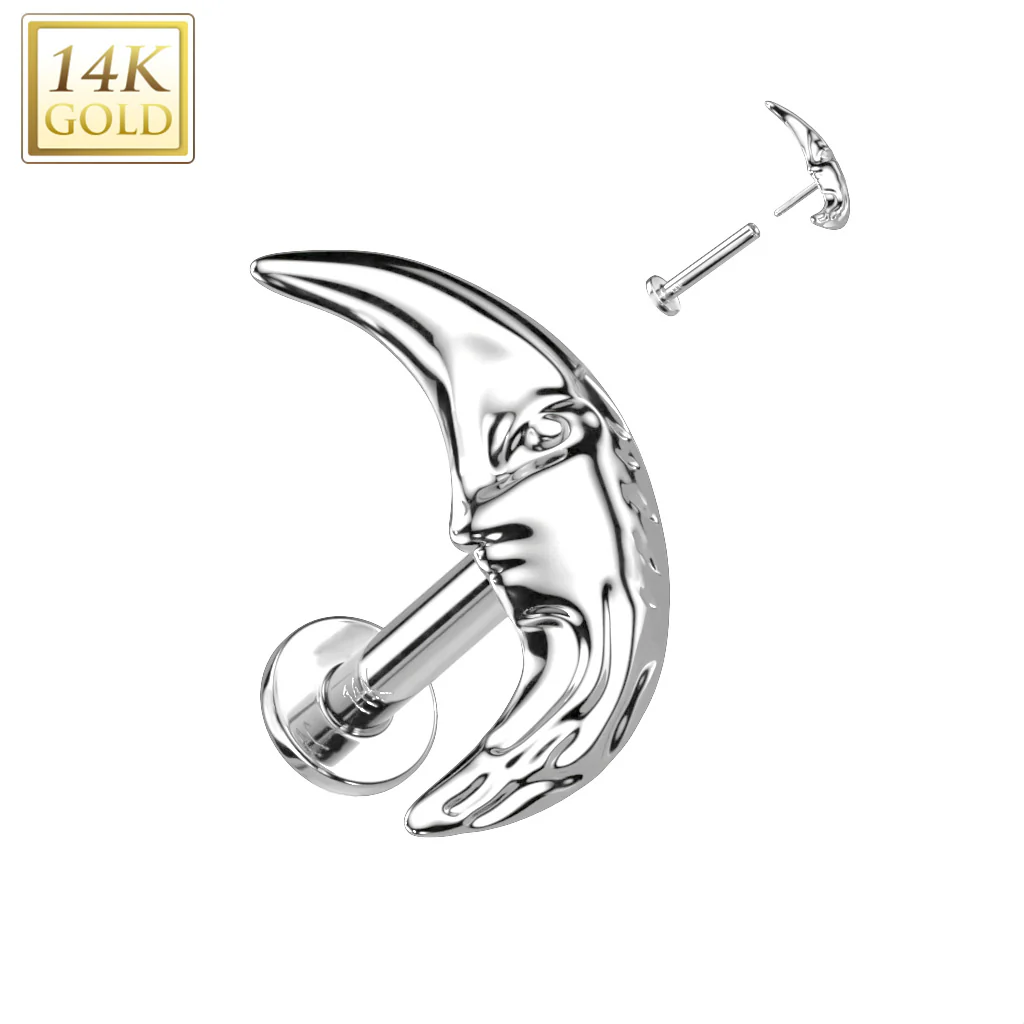 14K Solid Gold Threadless Labret With Crescent Moon Top - Image 3