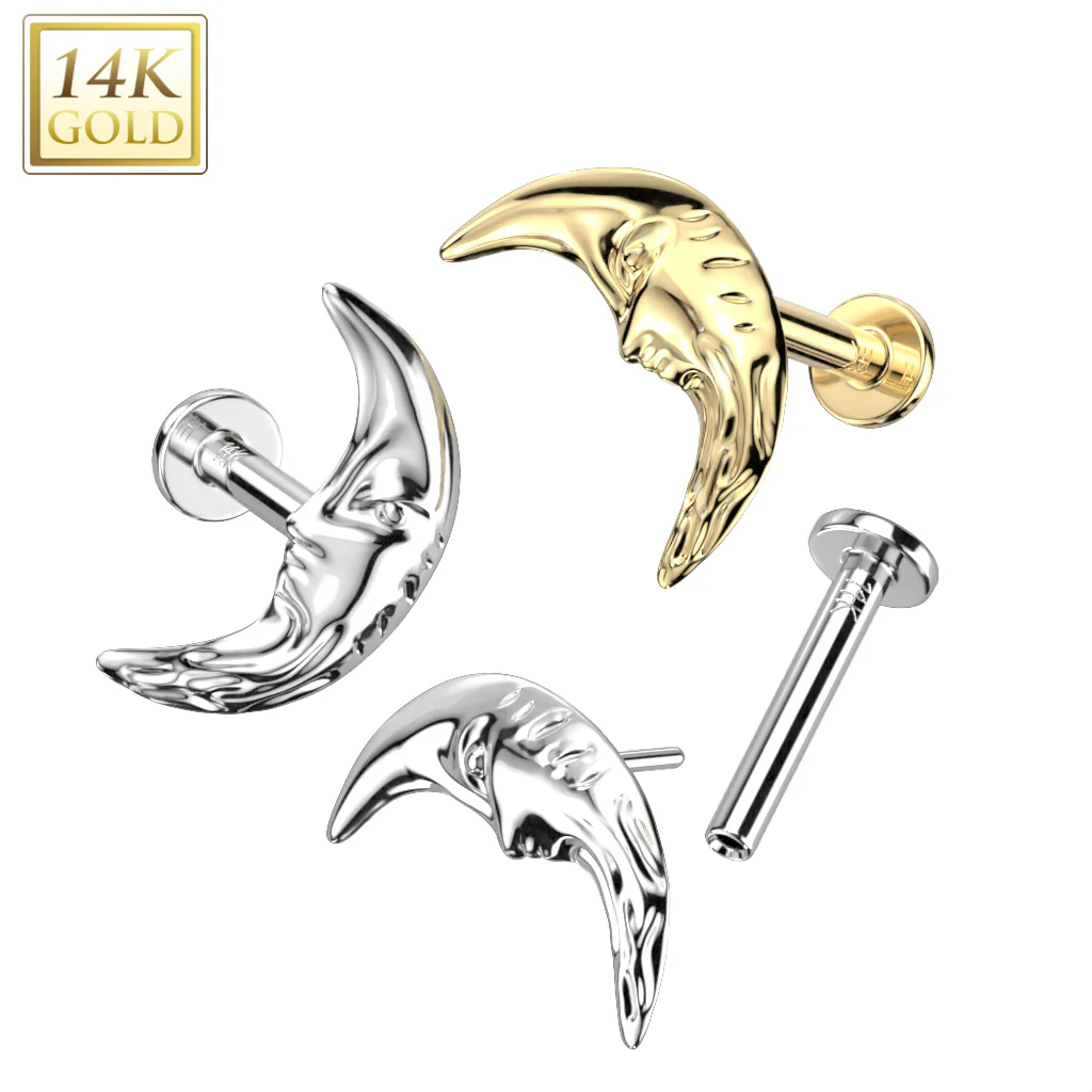 14K Solid Gold Threadless Labret With Crescent Moon Top - Image 4