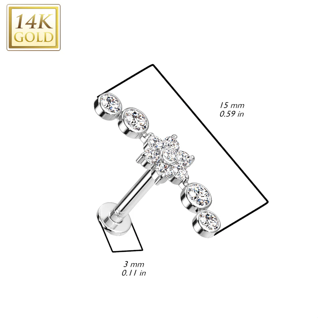 14K Solid Gold Threadless Labret With CZ Flower Center Top - Image 2