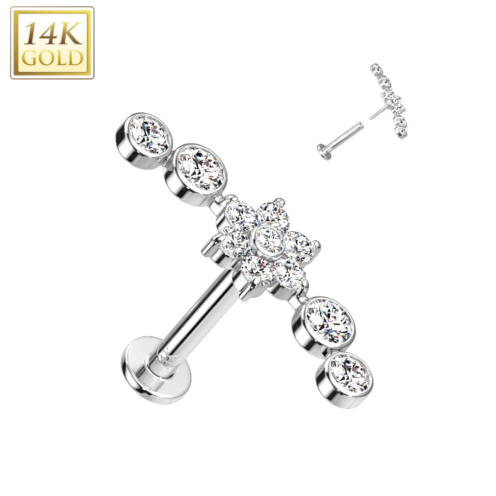 14K Solid Gold Threadless Labret With CZ Flower Center Top - Image 3