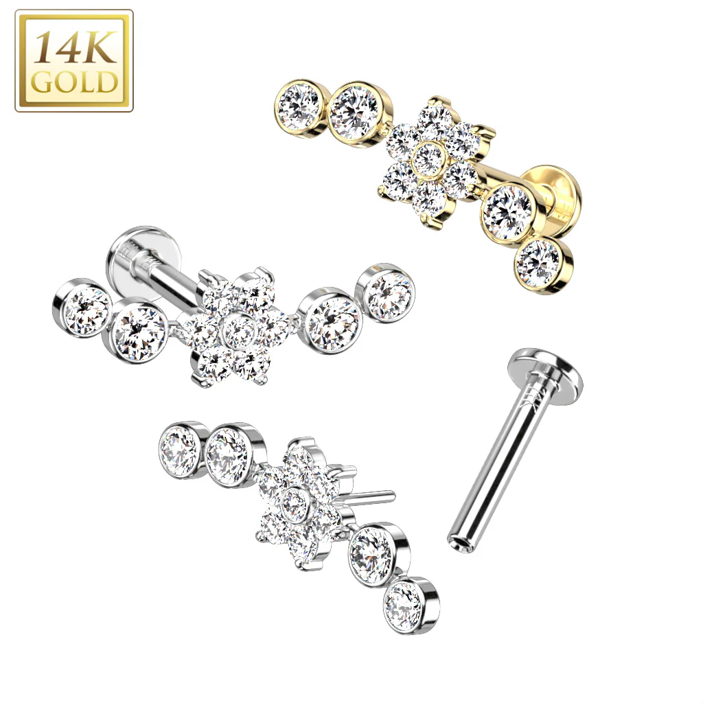 14K Solid Gold Threadless Labret With CZ Flower Center Top - Image 4