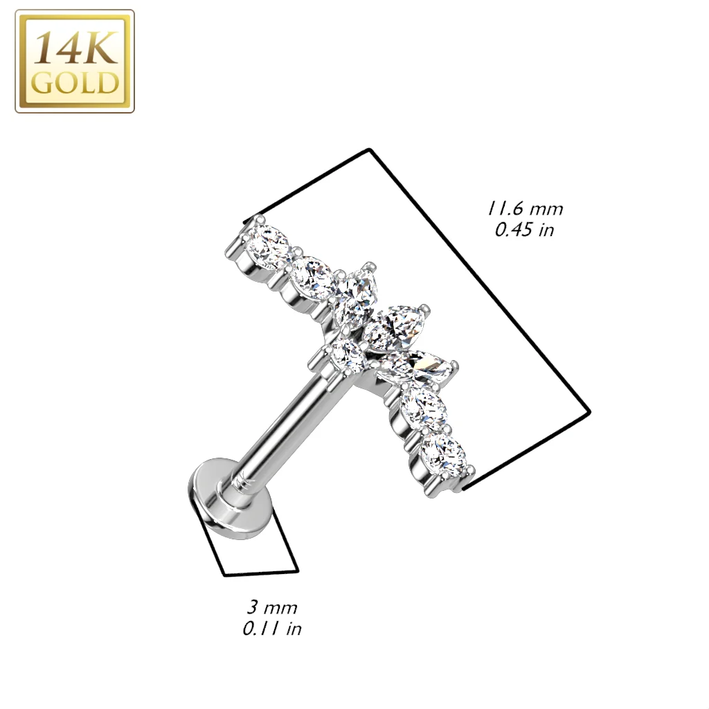 14K Solid Gold Threadless Labret With CZ Marquise Fan Top - Image 2